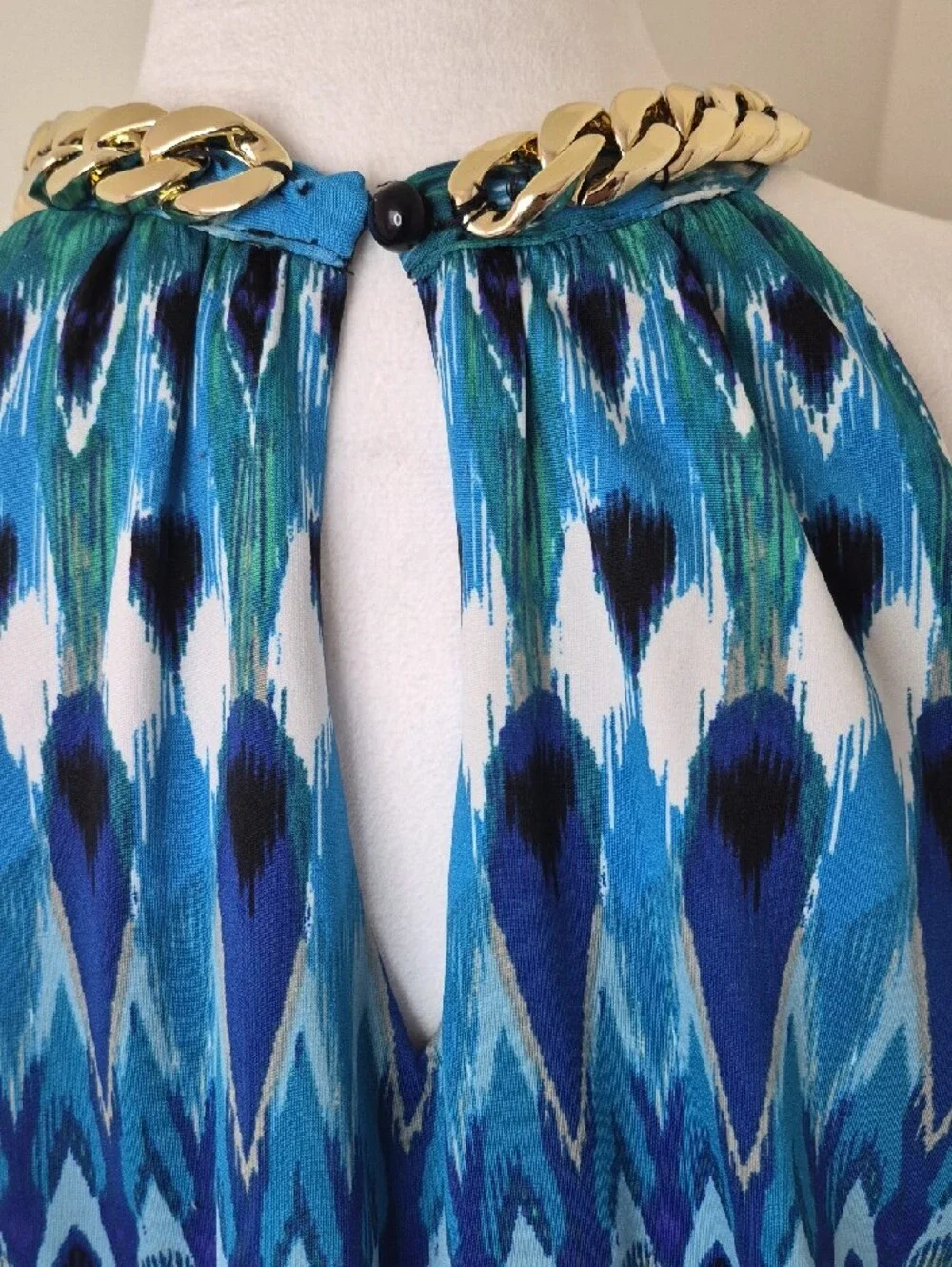 Covington Blue Teal Print Dress with Gold Chain Detail Size XL